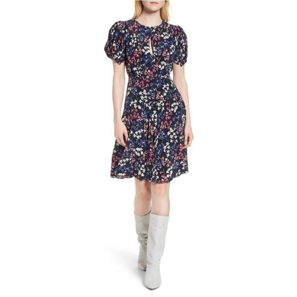 Lewit Dress 100% Silk Floral A‎ Line Navy Night Flounce / Women's 6